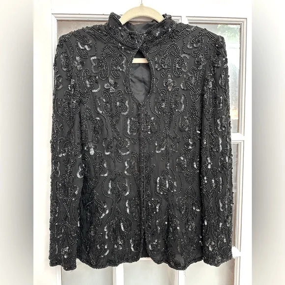 Vintage Stenay Black Hand Beaded Sequin 100% Silk Jacket Top Wimens Size Small S